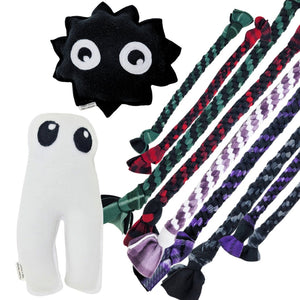 colorful fleece rope toys front side angled, soot sprite squeaky fleece dog toy front side, fresno nightcrawler squeaky fleece dog toy front side