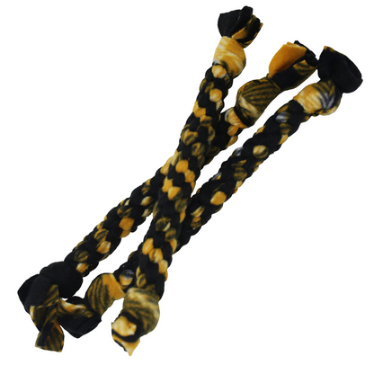 three large gold fleece rope toys front view