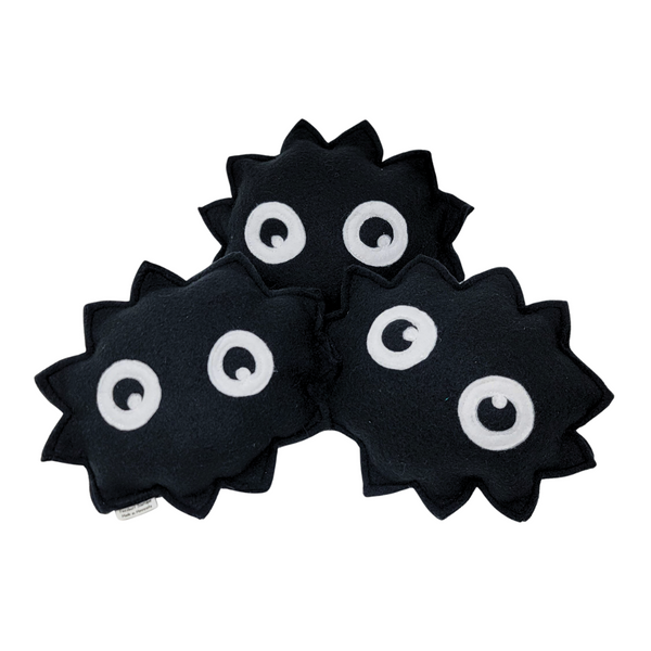 front view of three Soot Sprite fleece dog toys, squeaky dog toys