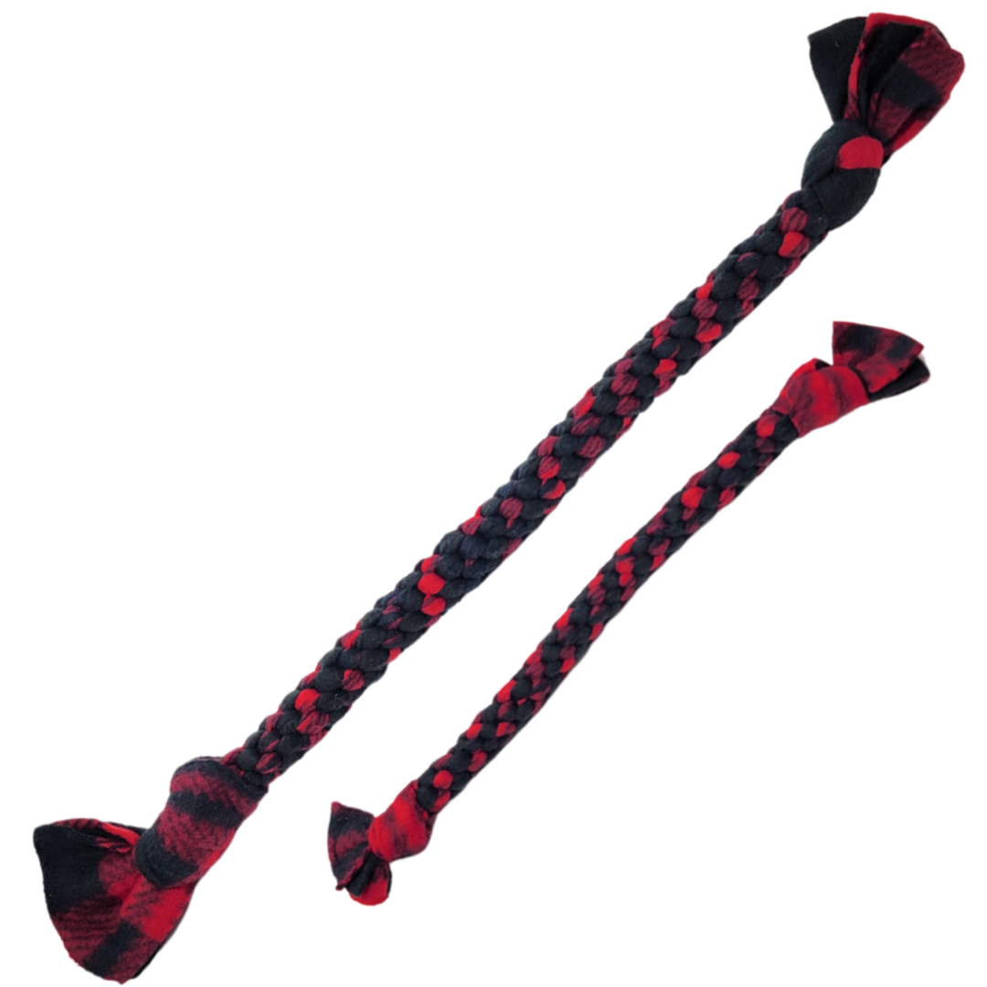 large and small red fleece rope toys front view