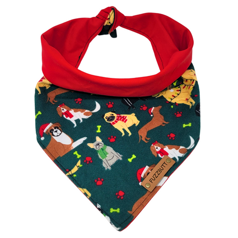 front view of a handmade Christmas Lights dog bandana or Christmas Lights cat bandana featuring different breads of dogs wearing Santa hats or scarf, some wearing Christmas lights; this pattern is called Christmas Lights