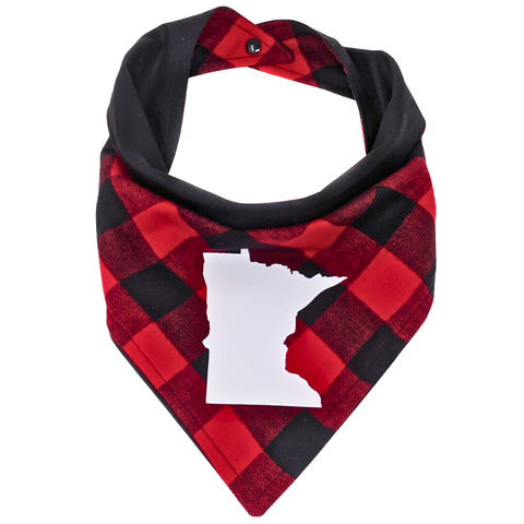 front view of a handmade Red Minnesota dog bandana or Red Minnesota cat bandana featuring red and black plaid and white Minnesota vinyl art; this pattern is called Red Minnesota