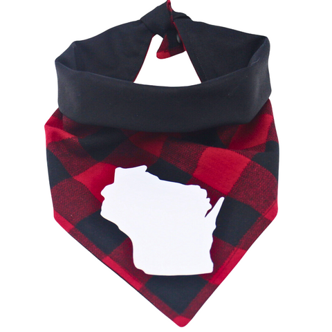 front view of a handmade Red Wisconsin dog bandana or Red Wisconsin cat bandana featuring red and black plaid and white Wisconsin vinyl art; this pattern is called Red Wisconsin