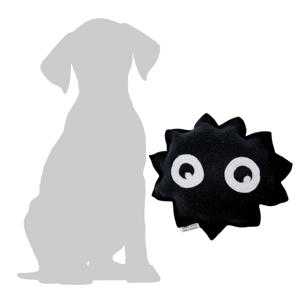 front view of Soot Sprite fleece dog toy, squeaky dog toy next to a silhouette of a dog