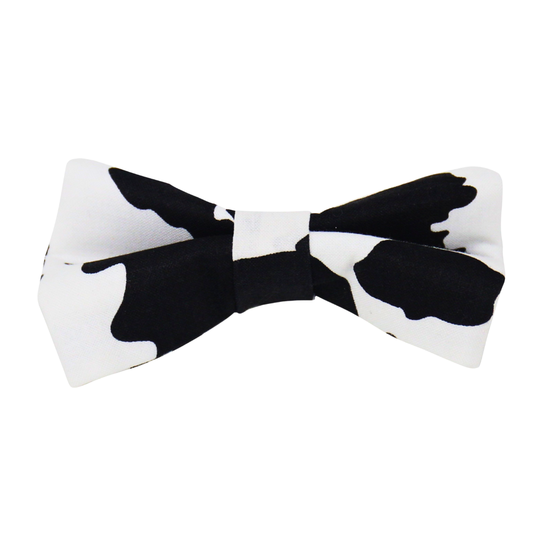 front view of a handmade Cow Print dog bow tie or Cow Print cat bow tie featuring cow print pattern; this pattern is called Cow Print